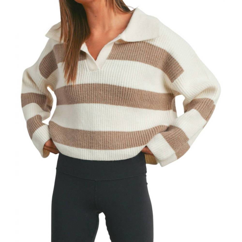 NEW BUTTERMELON striped wide collar sweater in ivory/taupe
